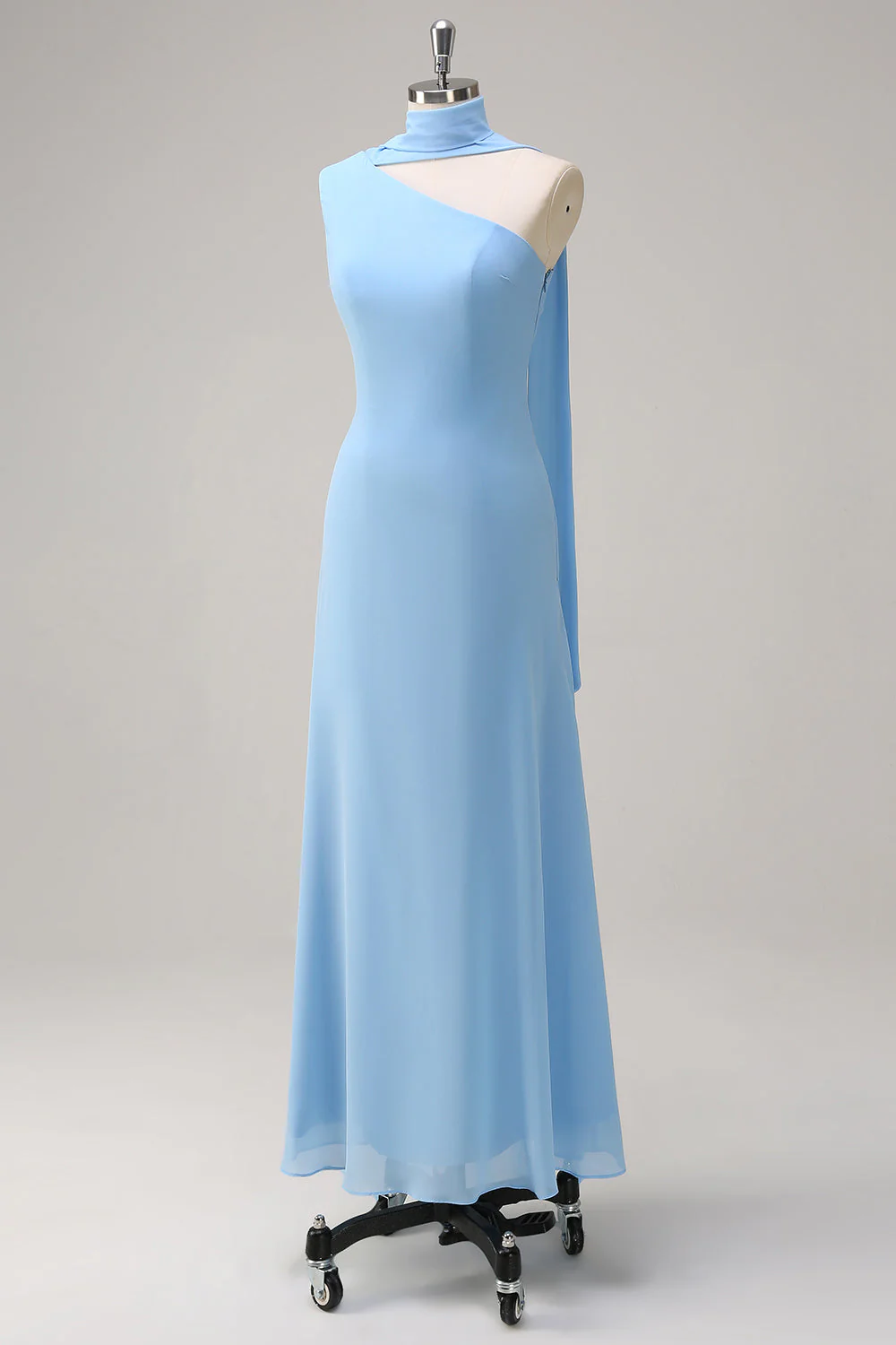 Mousseline de soie sirène bleue une épaule longue robe de demoiselle d’honneur avec banderole - Image 3