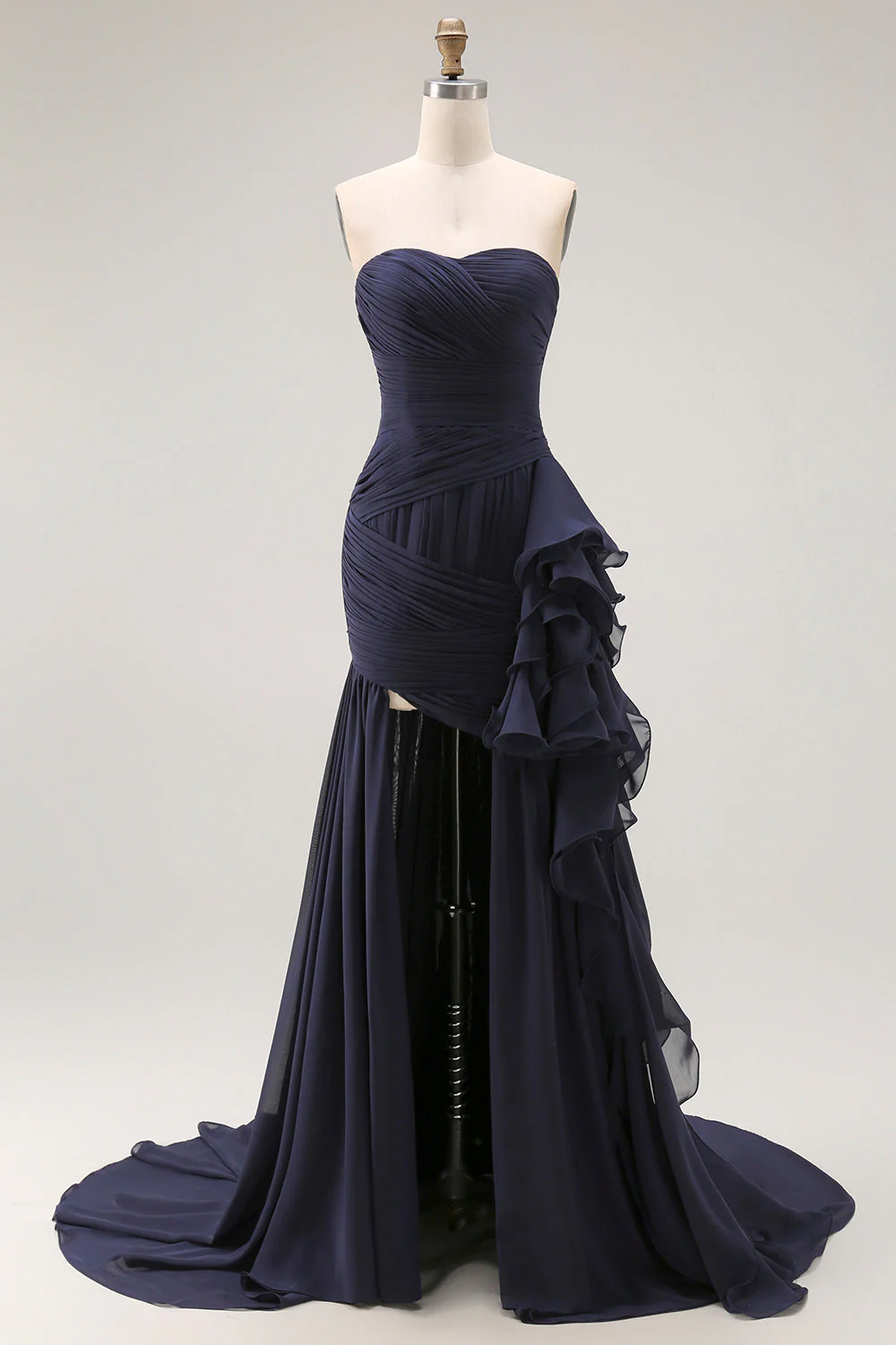 Navy Sweetheart Robe de bal plissée ligne avec ceinture à volants
