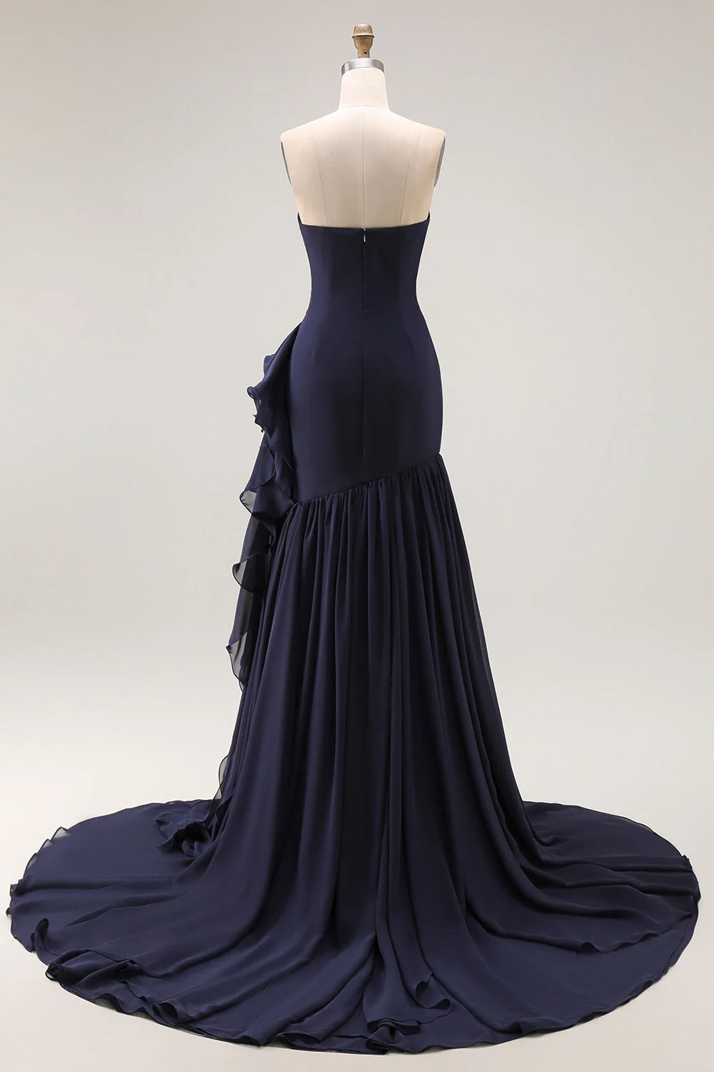 Navy Sweetheart Robe de bal plissée ligne avec ceinture à volants - Image 2