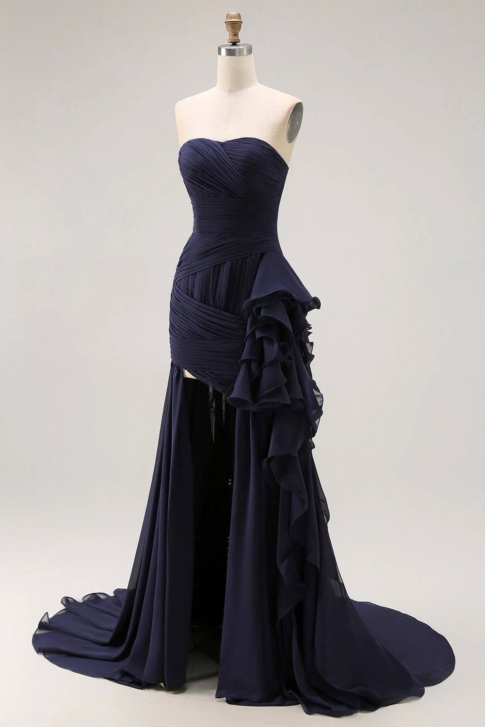 Navy Sweetheart Robe de bal plissée ligne avec ceinture à volants - Image 5
