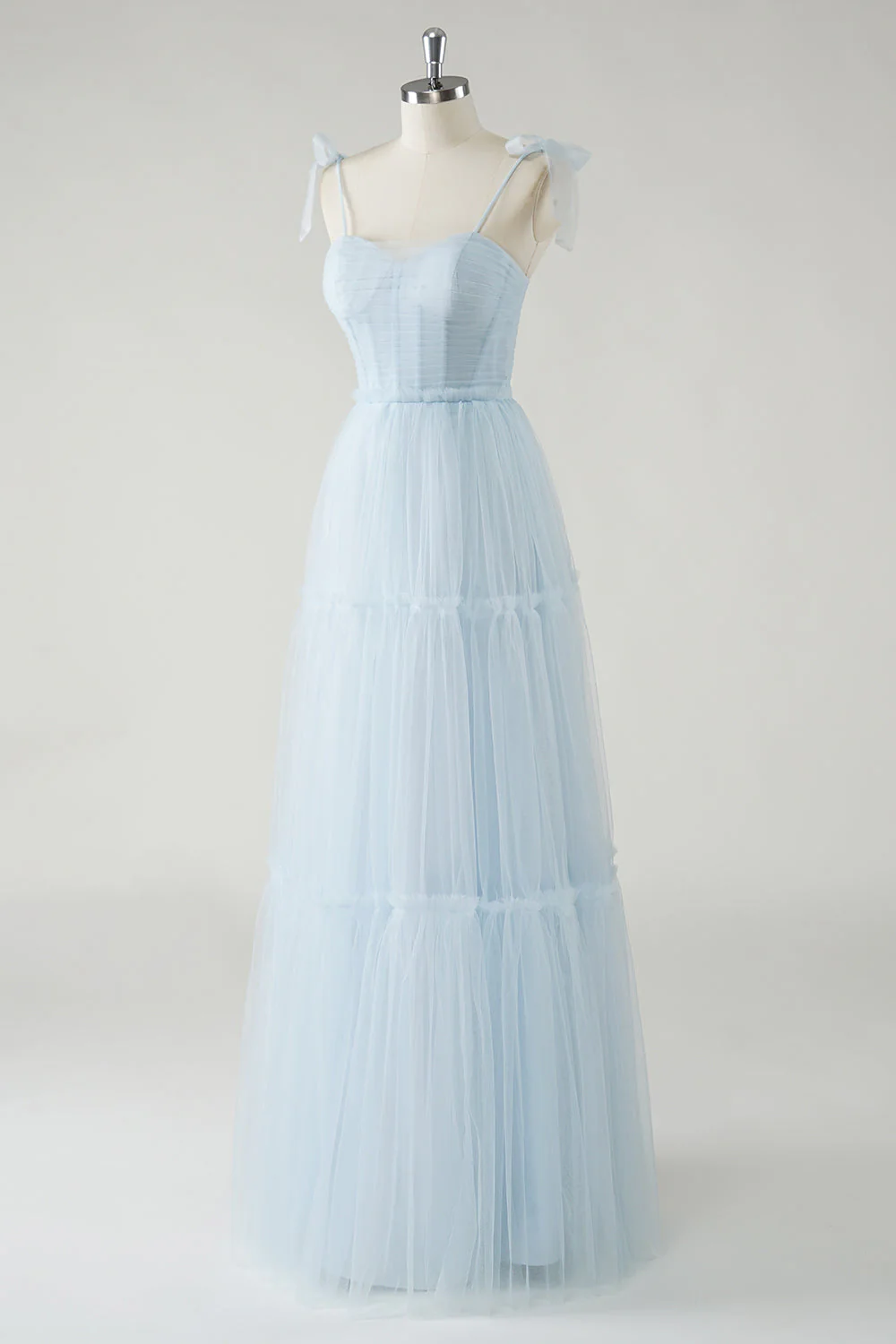 Robe longue de demoiselle d’honneur bleu ciel en tulle à bretelles avec nœud papillon trapèze - Image 3