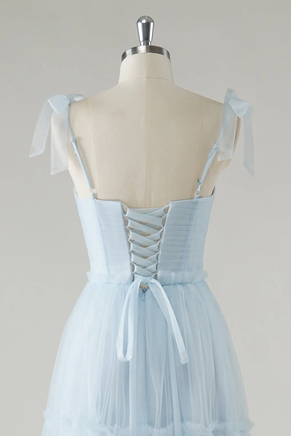 Robe longue de demoiselle d’honneur bleu ciel en tulle à bretelles avec nœud papillon trapèze - Image 5