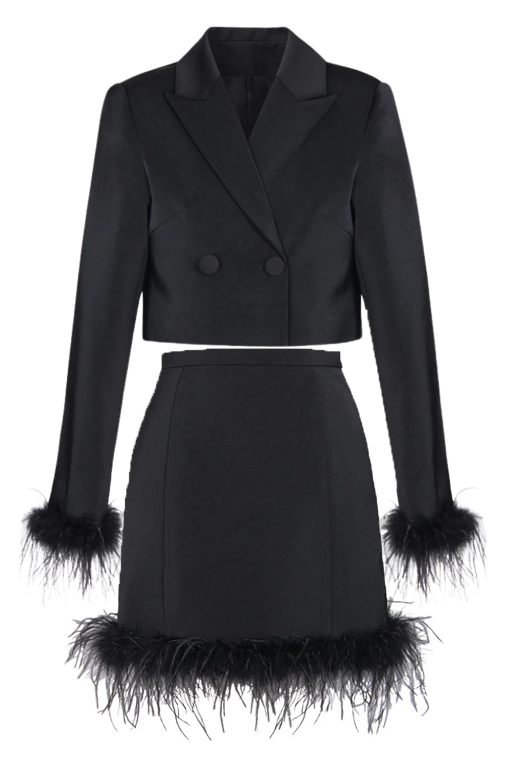 Costume pour soirée femme 2 pièces noir blazer court à revers pointu avec plume
