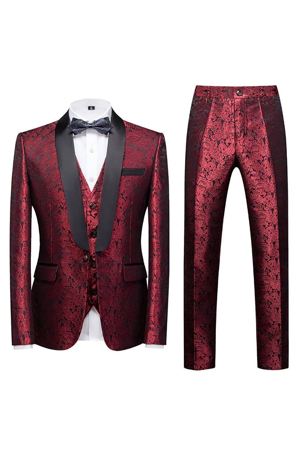 Noir 3 Pièce Jacquard Châle Revers Hommes Costumes De Soirée - Image 10