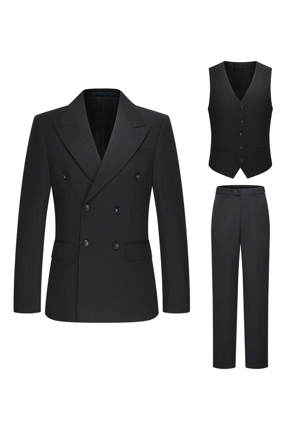 Costume d'affaires homme 3 pièces noir à revers pointe et double boutonnage