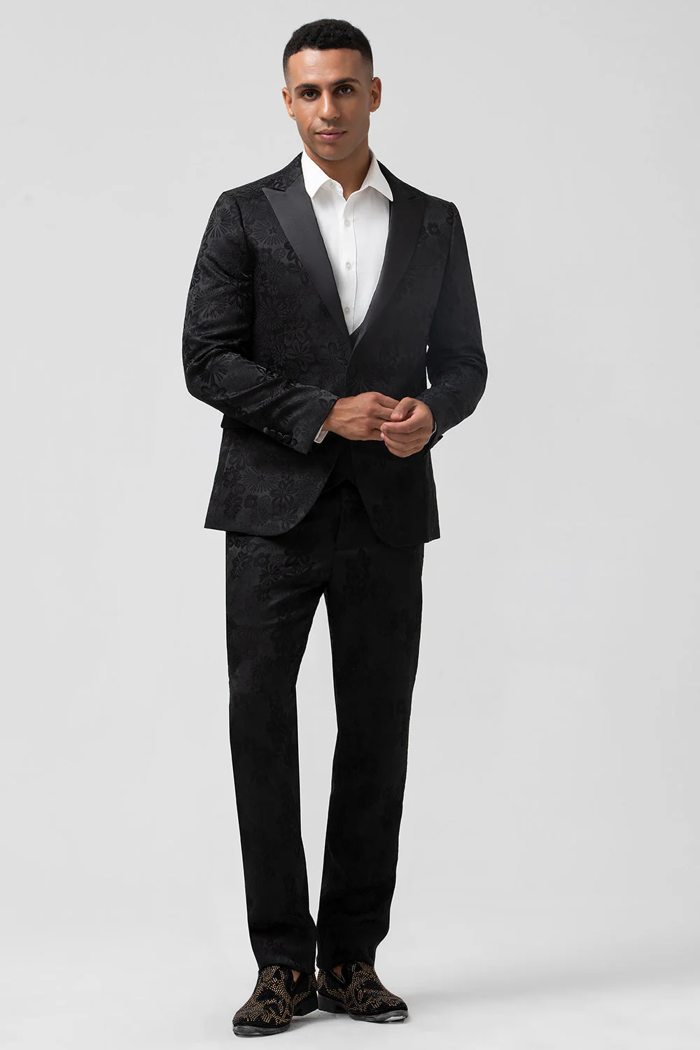 Costume de bal homme 3 pièces noir en jacquard à revers en pointe un bouton