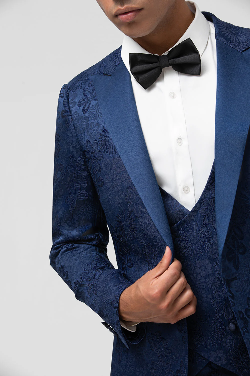 Costume de bal homme 3 pièces noir en jacquard à revers en pointe un bouton - Image 16