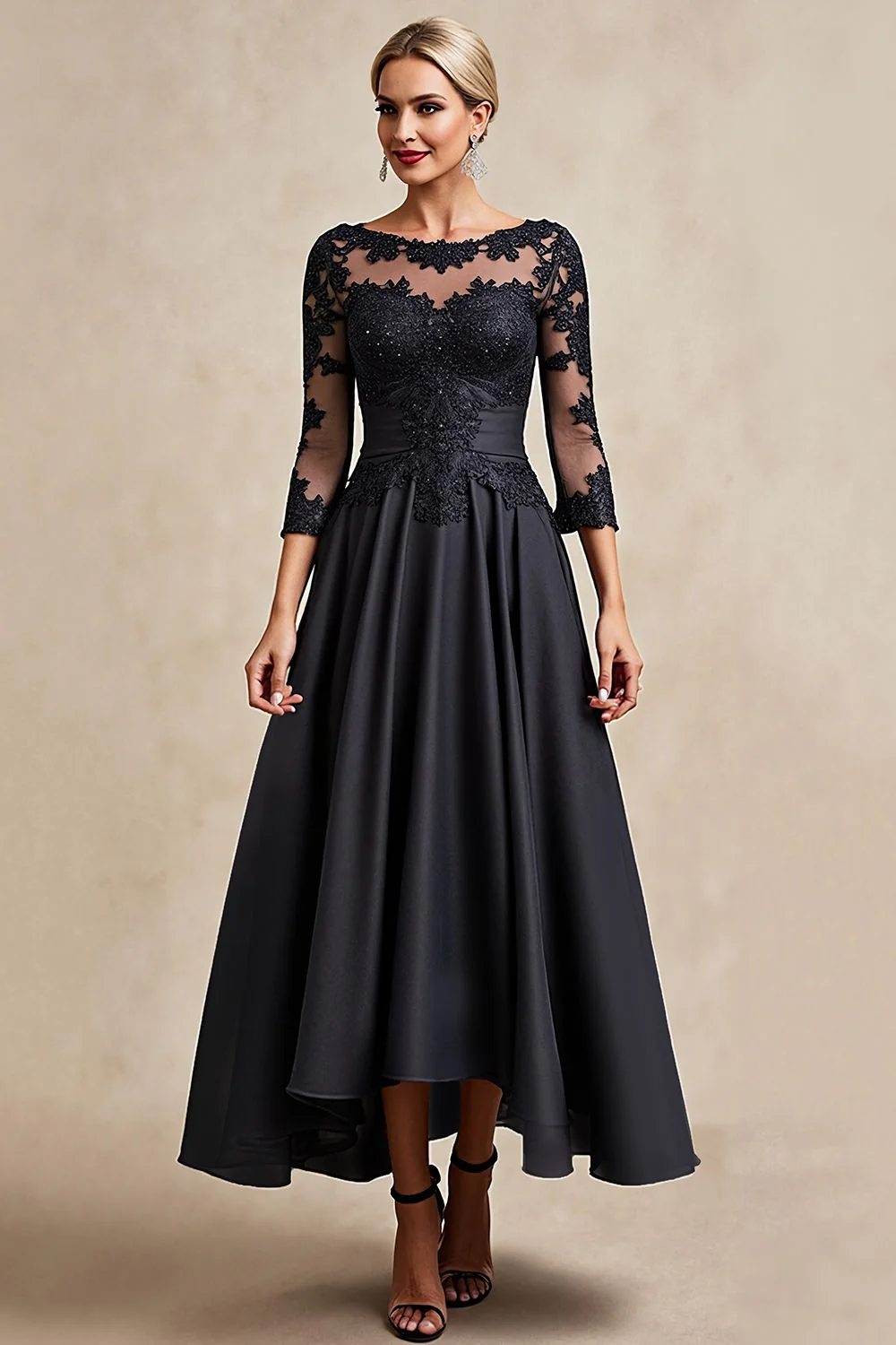 Noir A Ligne 3/4 Manches Thé Longueur Mère de la Mariée Robe avec Appliques - Image 3