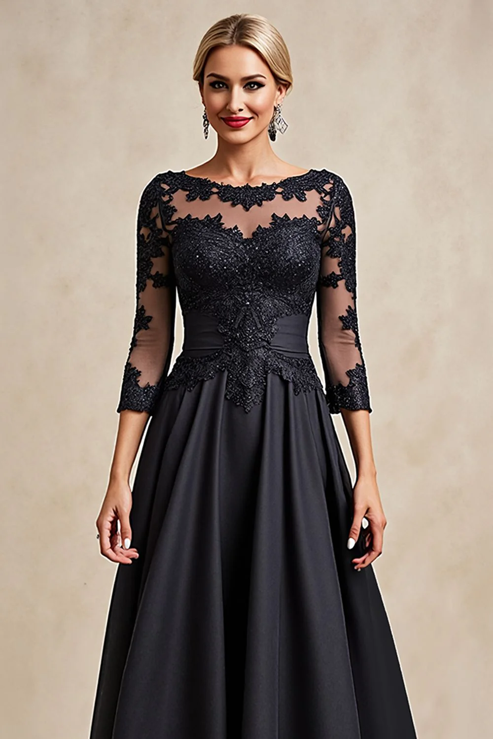 Noir A Ligne 3/4 Manches Thé Longueur Mère de la Mariée Robe avec Appliques - Image 4