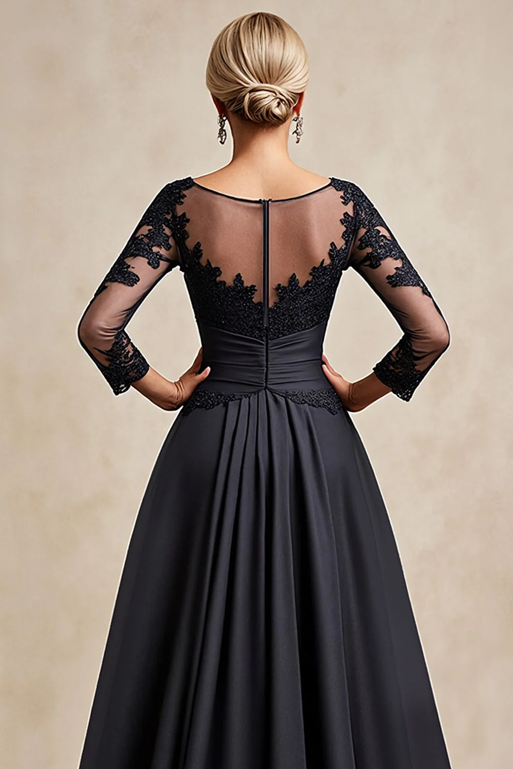 Noir A Ligne 3/4 Manches Thé Longueur Mère de la Mariée Robe avec Appliques - Image 5