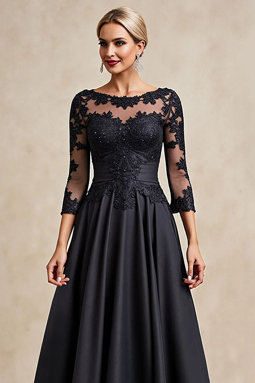 Noir A Ligne 3/4 Manches Thé Longueur Mère de la Mariée Robe avec Appliques - Image 6