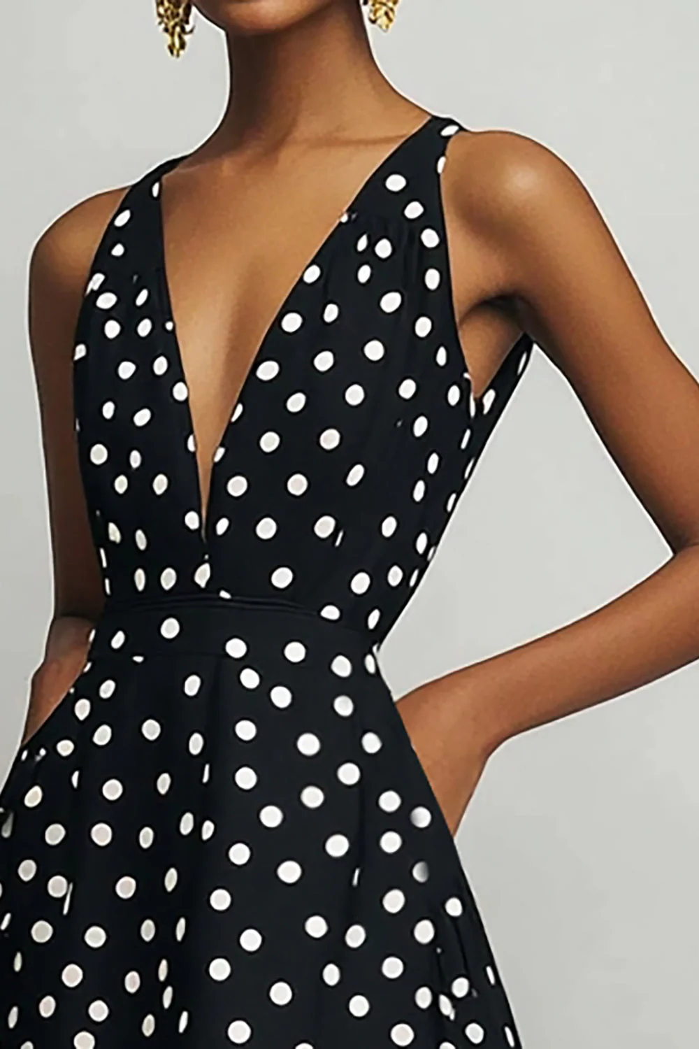 Noir Blanc Col V A Ligne À Pois Robe - Image 2