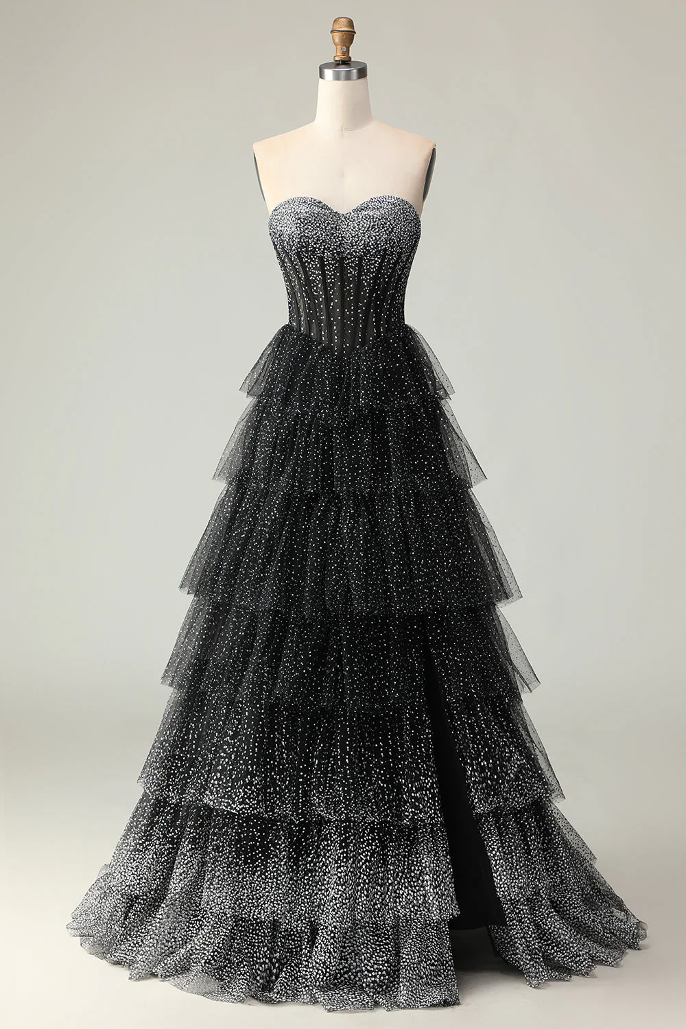 Noir Blanc Corset Une Ligne Sweetheart Tiered Polka Dots Robe De Soirée Avec Volants