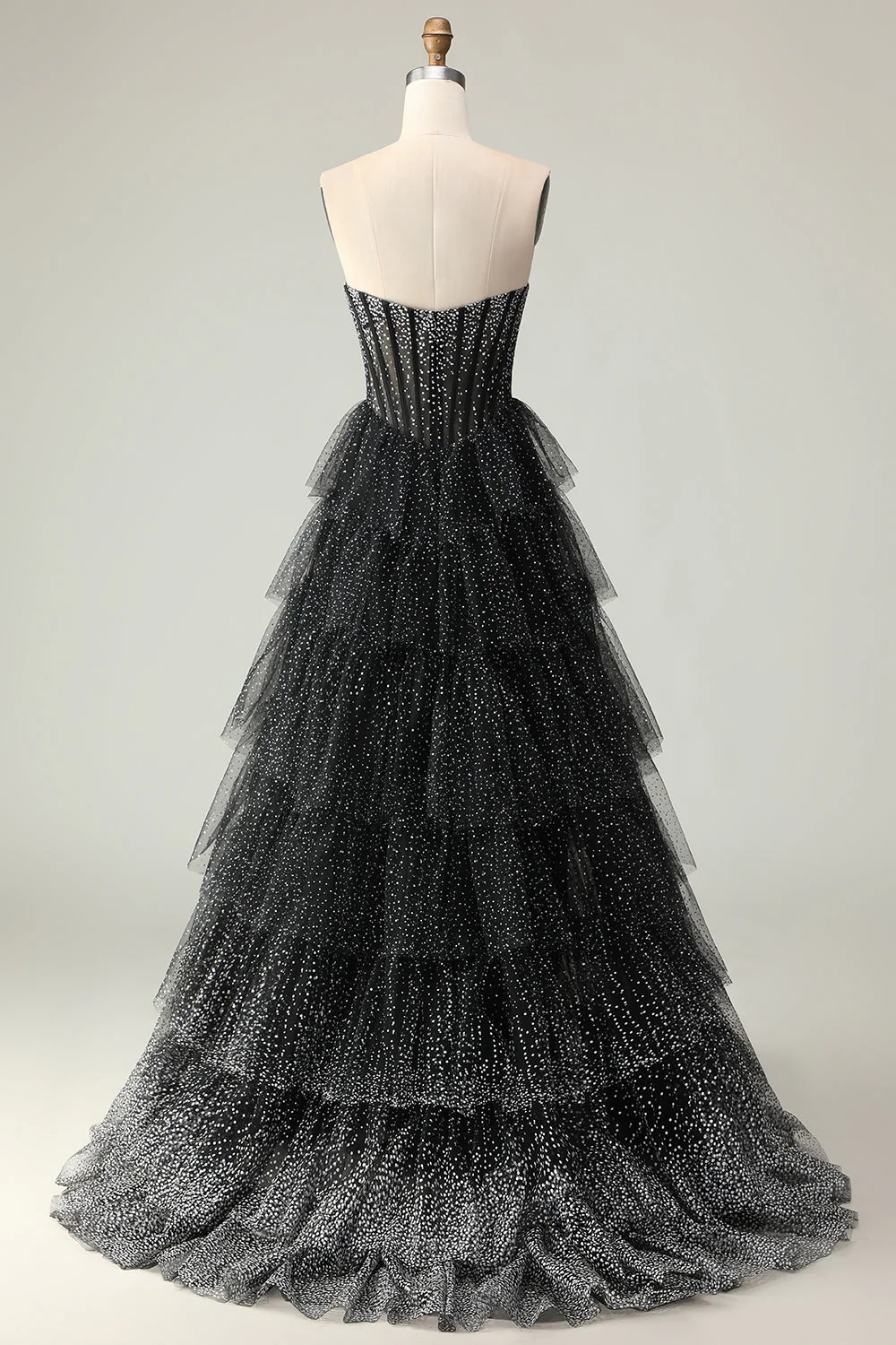 Noir Blanc Corset Une Ligne Sweetheart Tiered Polka Dots Robe De Soirée Avec Volants - Image 2
