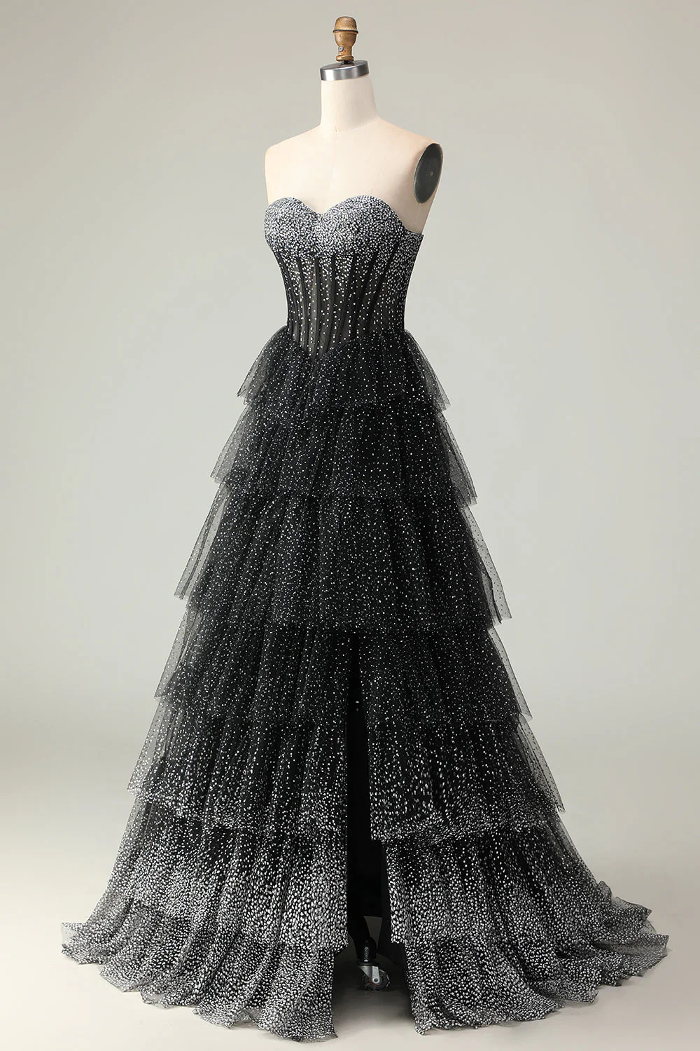 Noir Blanc Corset Une Ligne Sweetheart Tiered Polka Dots Robe De Soirée Avec Volants - Image 5
