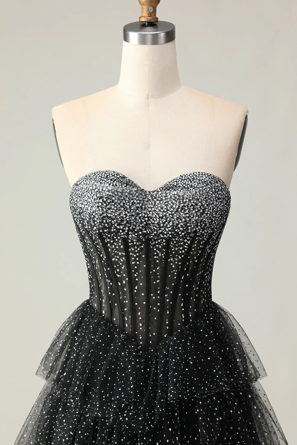 Noir Blanc Corset Une Ligne Sweetheart Tiered Polka Dots Robe De Soirée Avec Volants - Image 6