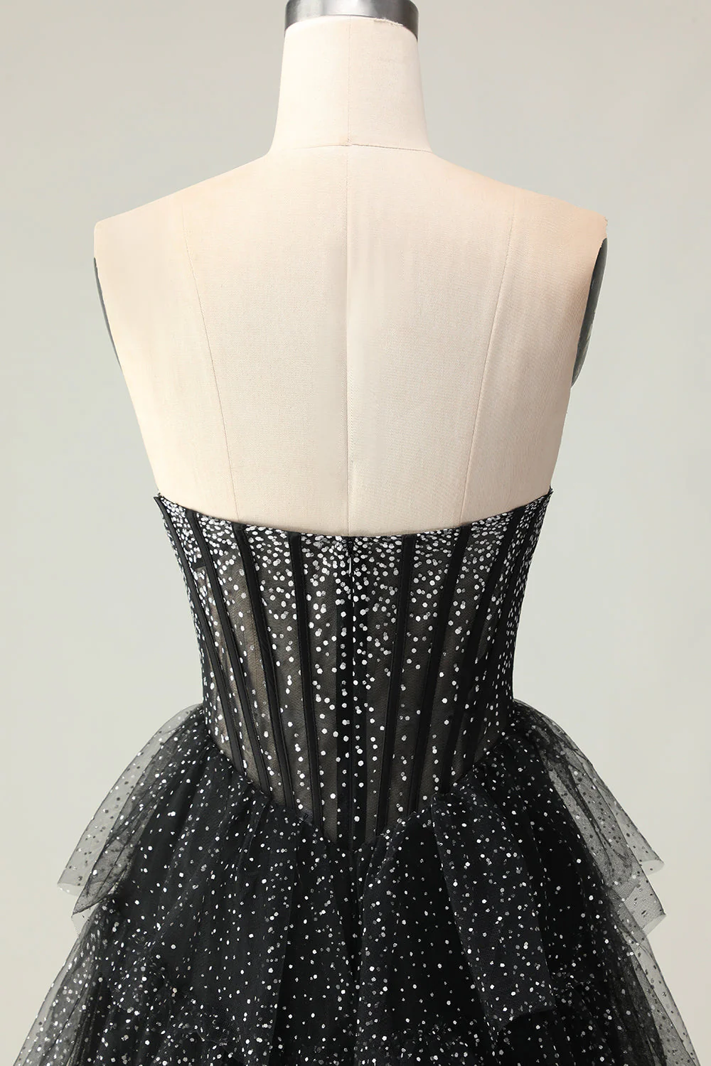 Noir Blanc Corset Une Ligne Sweetheart Tiered Polka Dots Robe De Soirée Avec Volants - Image 7