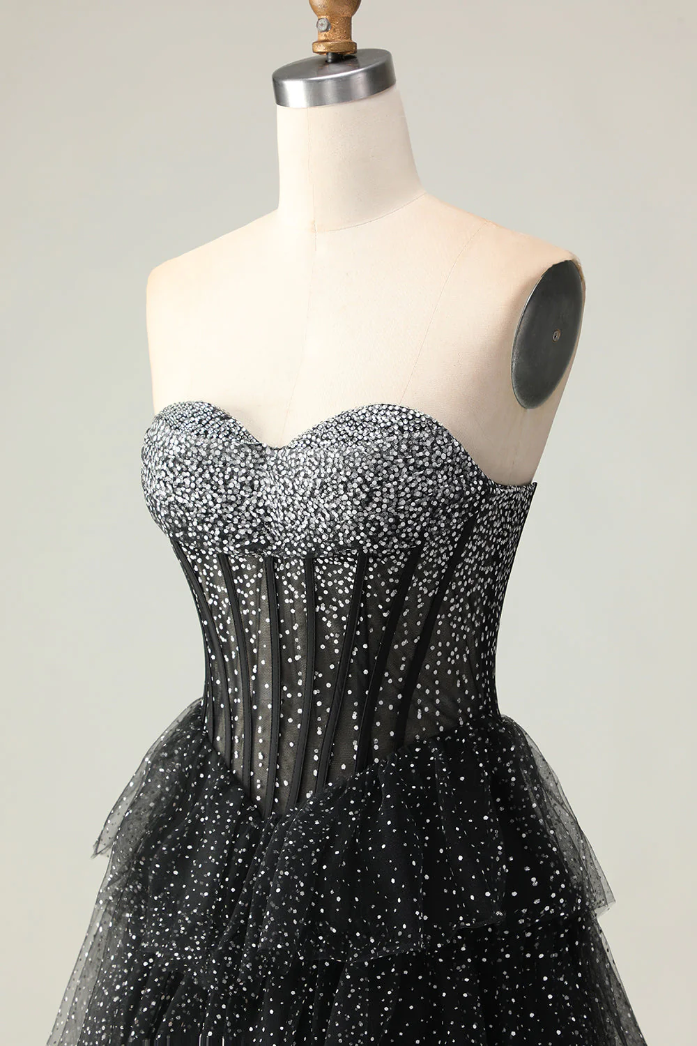 Noir Blanc Corset Une Ligne Sweetheart Tiered Polka Dots Robe De Soirée Avec Volants - Image 8