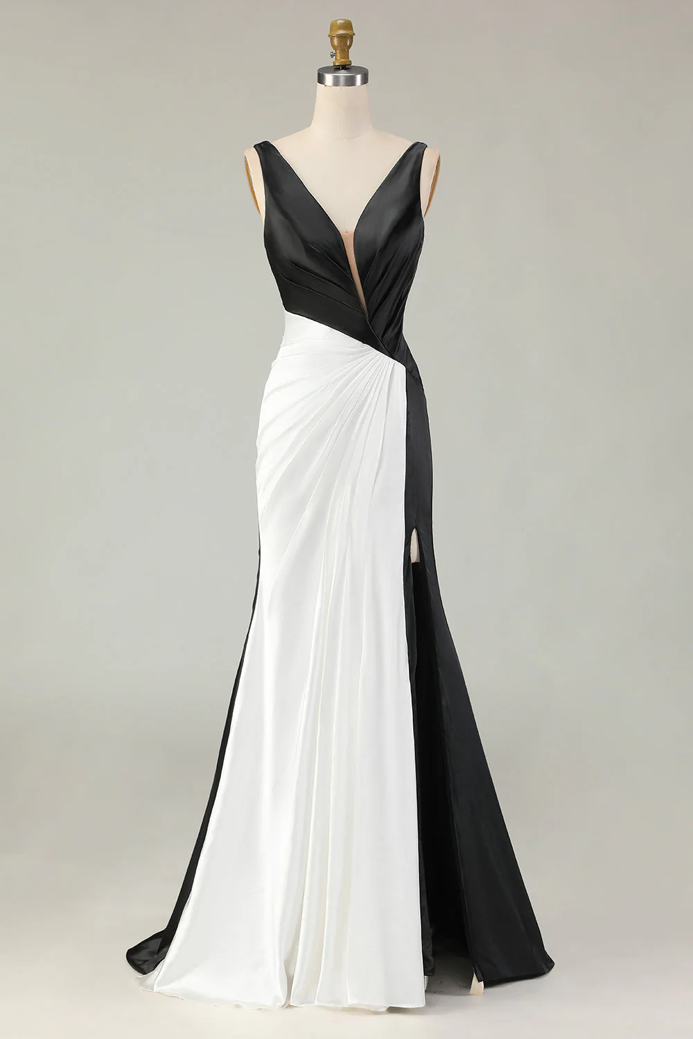 Noir Blanc Fourreau Robe de Gala Longue Col V Profond