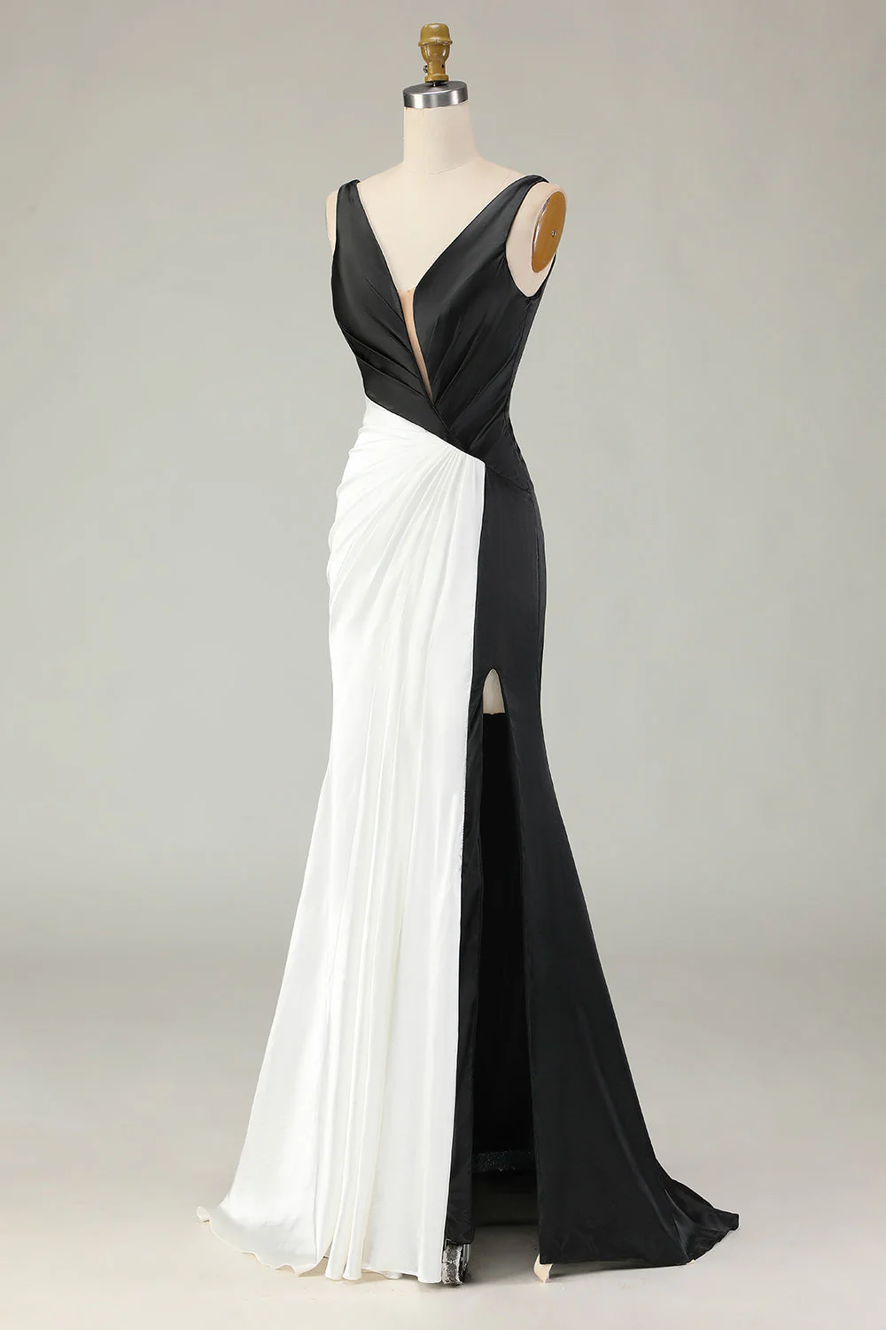 Noir Blanc Fourreau Robe de Gala Longue Col V Profond - Image 5