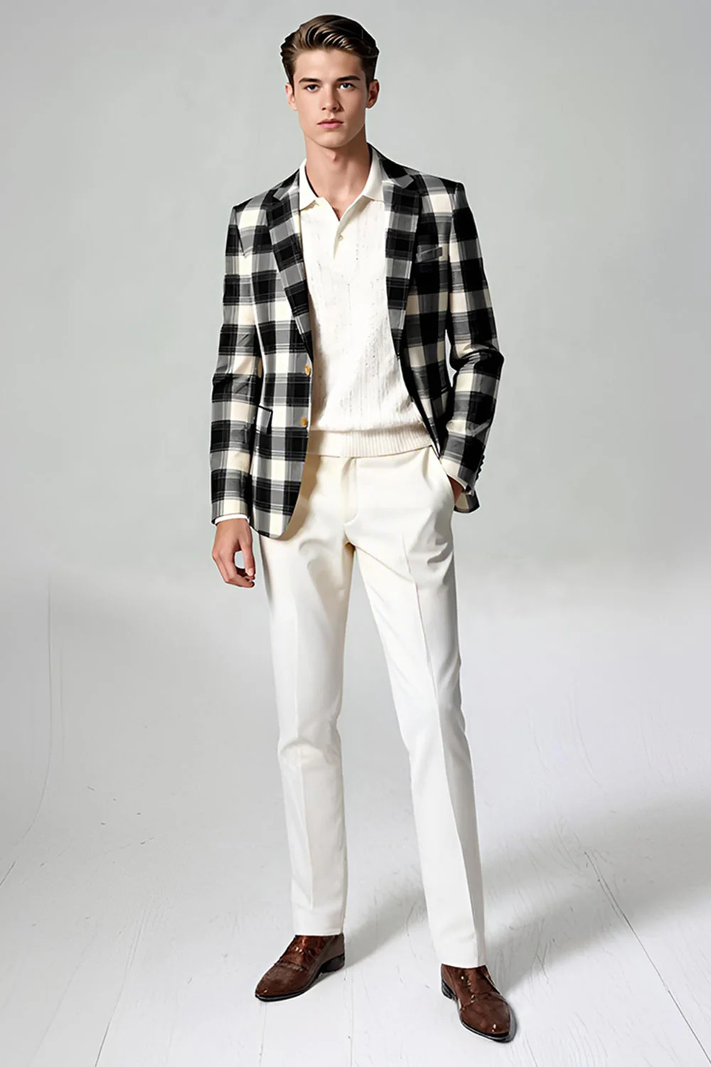Noir Blanc Grille 2 pièces à revers cranté simple boutonnage costumes de bal pour hommes