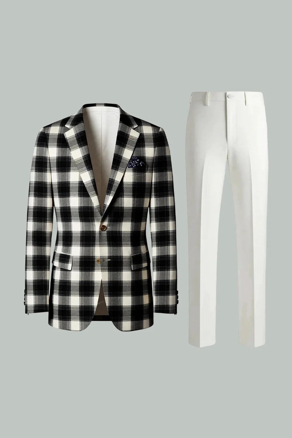 Noir Blanc Grille 2 pièces à revers cranté simple boutonnage costumes de bal pour hommes - Image 4