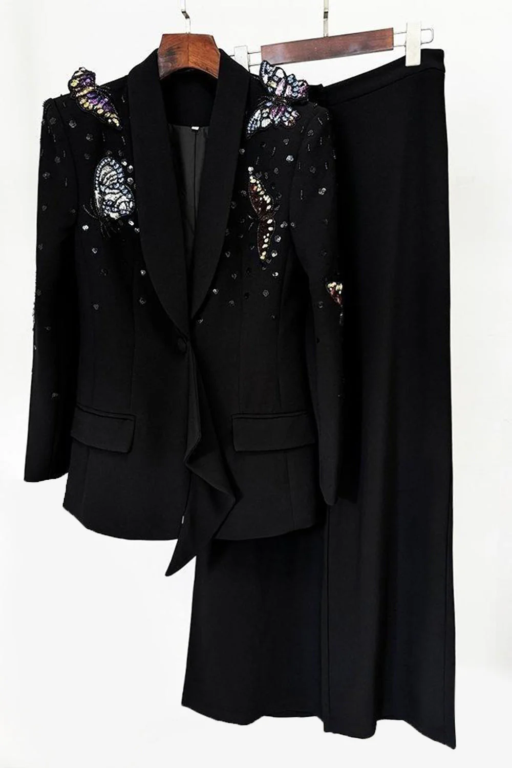 Noir Châle Revers 2 Pièces Femmes Costumes avec Papillons - Image 3