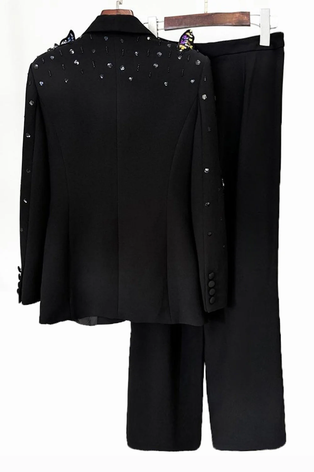 Noir Châle Revers 2 Pièces Femmes Costumes avec Papillons - Image 4