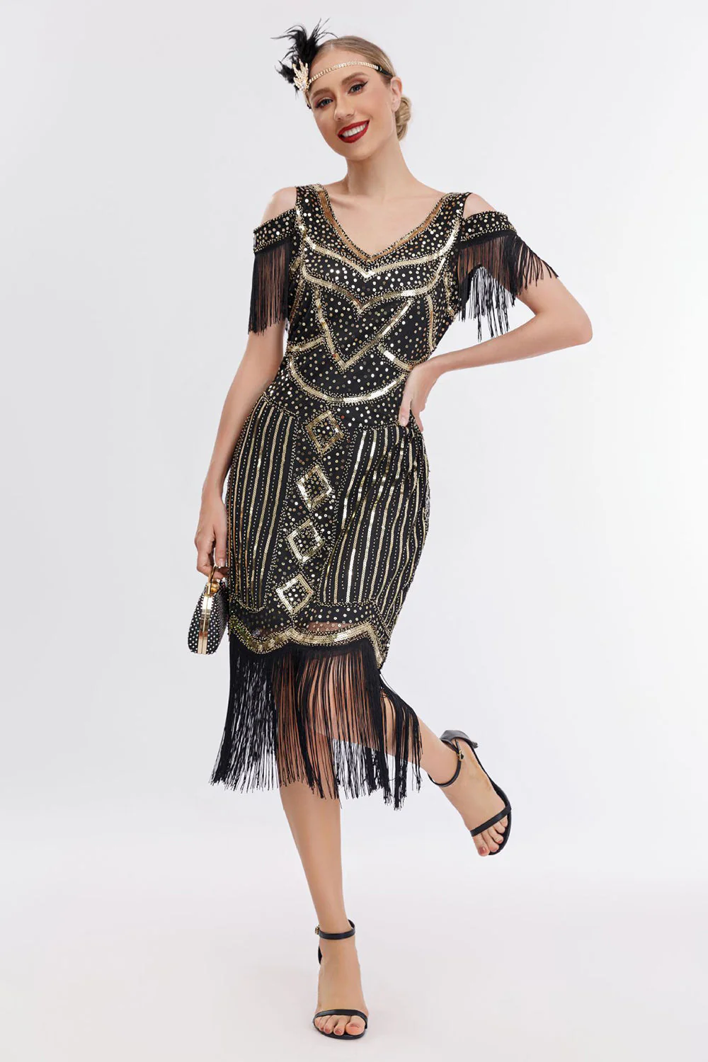 Noir doré épaule froide franges des années 20 Gatsby robe