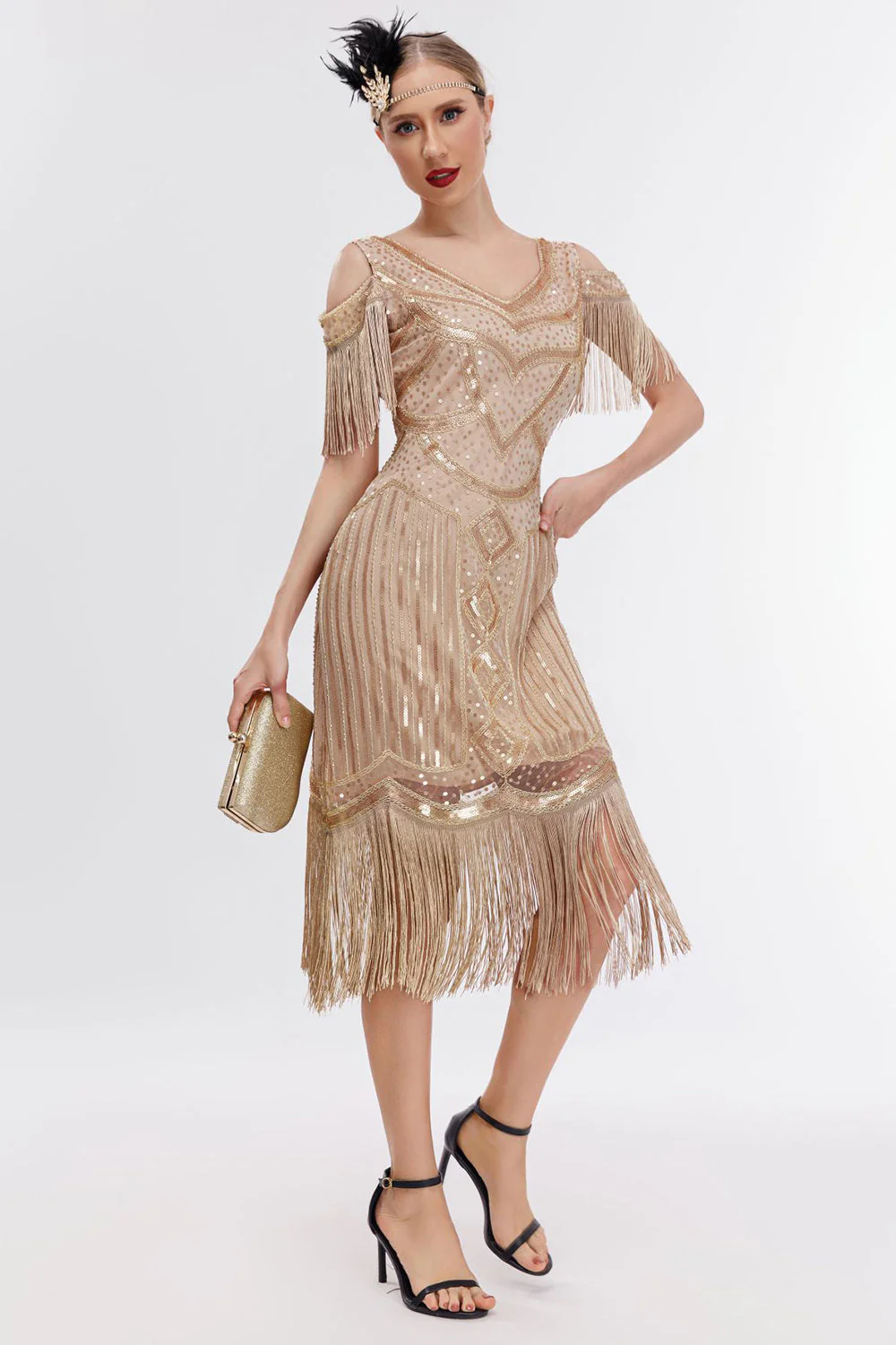 Noir doré épaule froide franges des années 20 Gatsby robe - Image 10