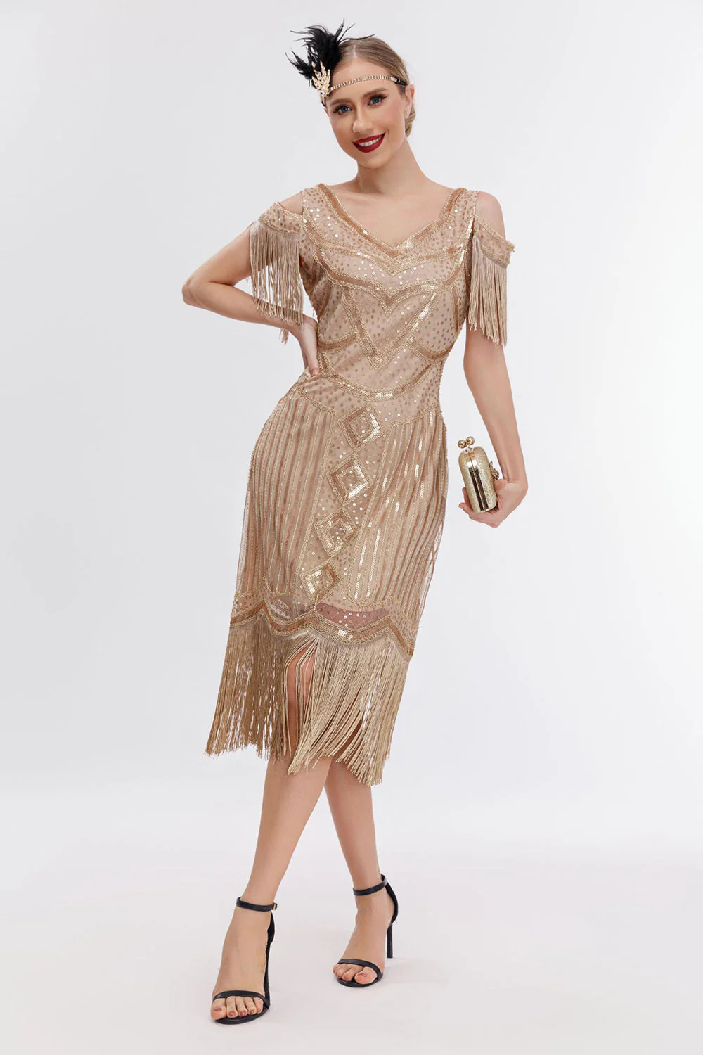 Noir doré épaule froide franges des années 20 Gatsby robe - Image 11