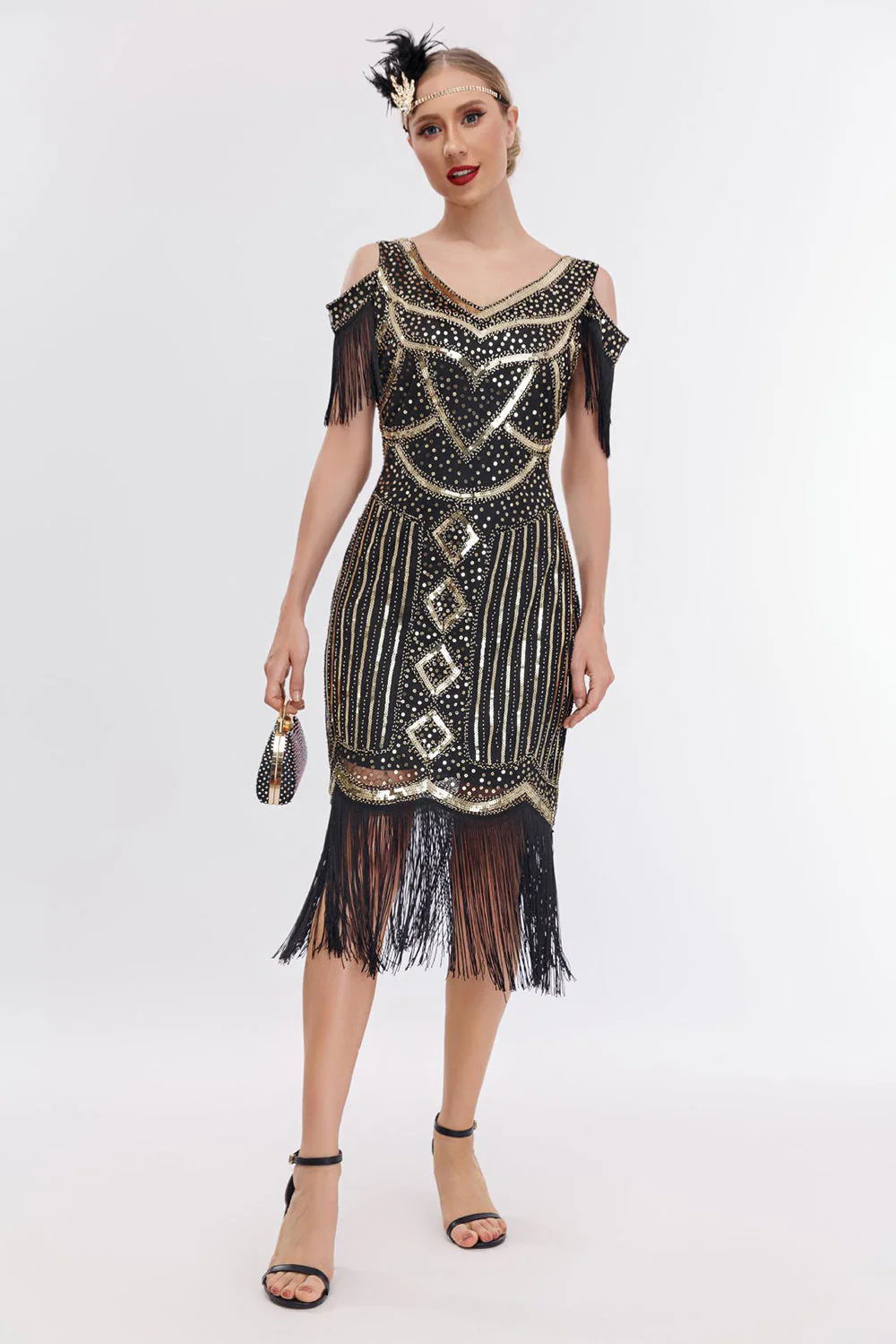 Noir doré épaule froide franges des années 20 Gatsby robe - Image 2