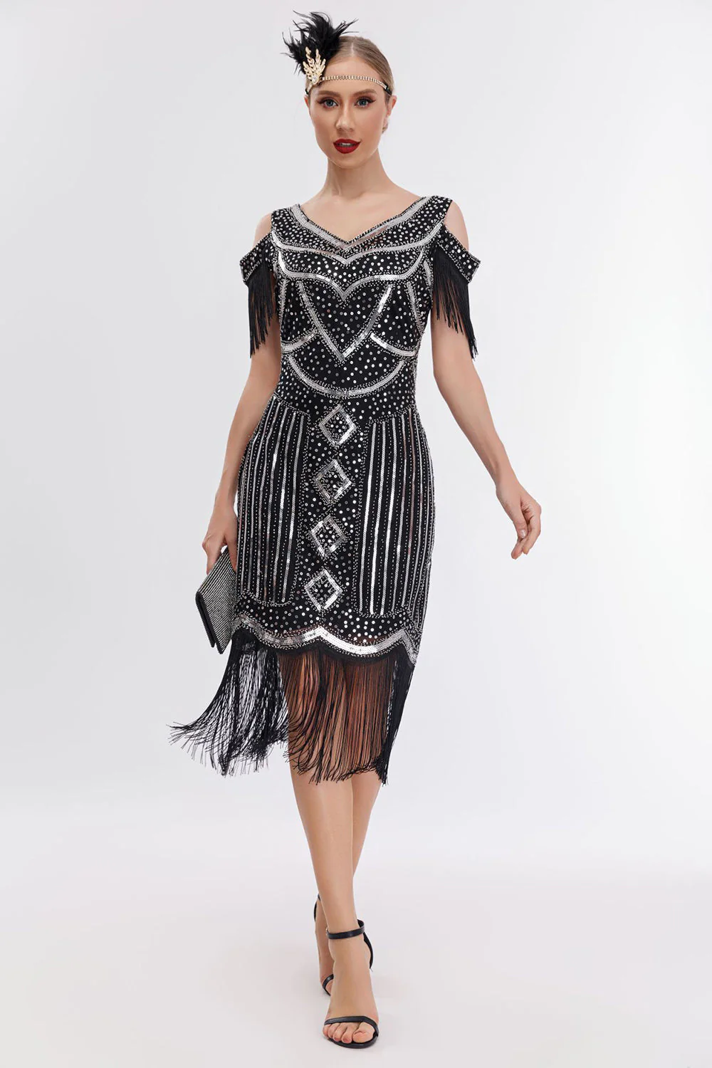 Noir doré épaule froide franges des années 20 Gatsby robe - Image 6