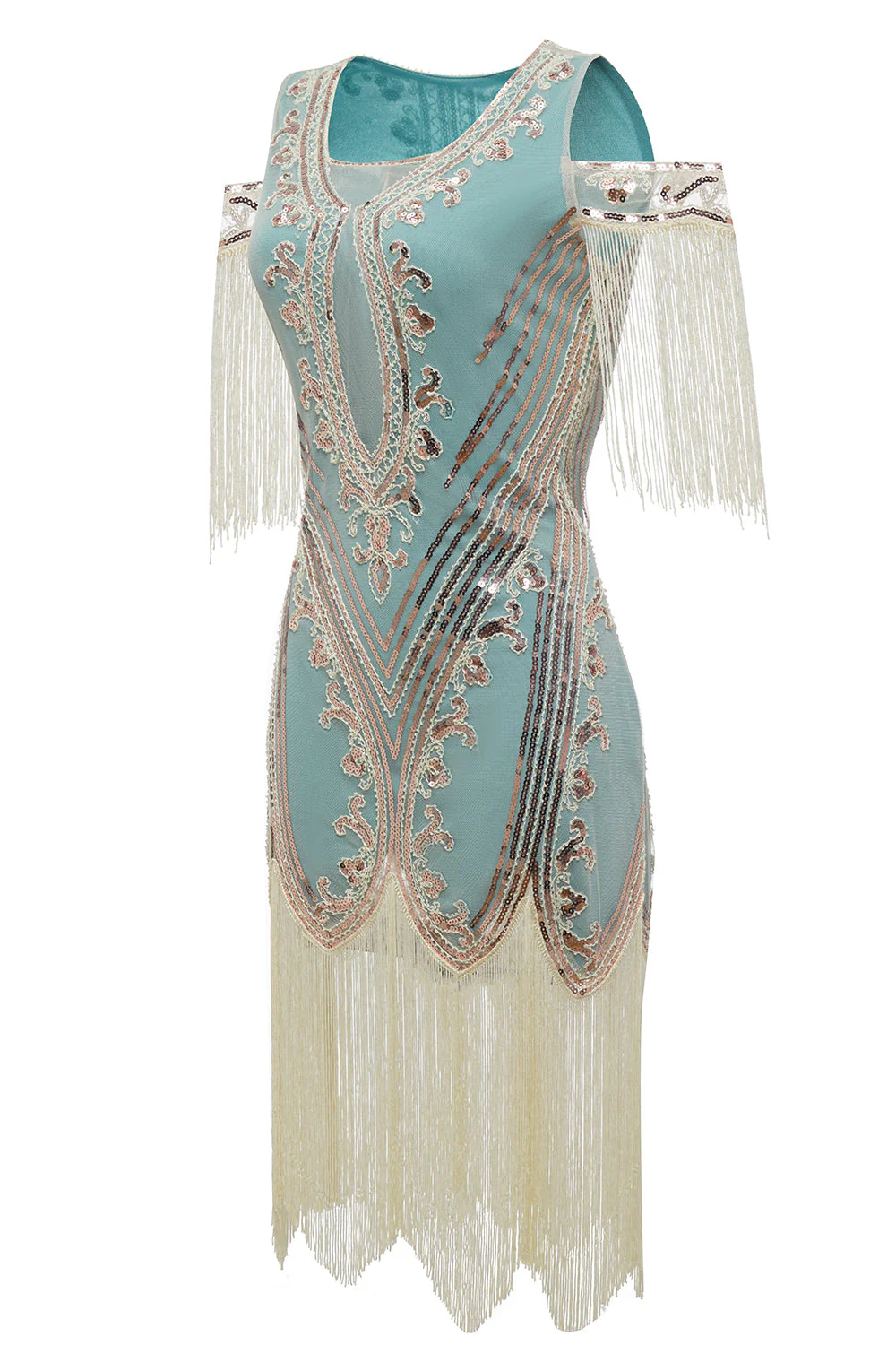 Gaine verte à l’épaule Paillettes des années 20 Robe avec glands - Image 3