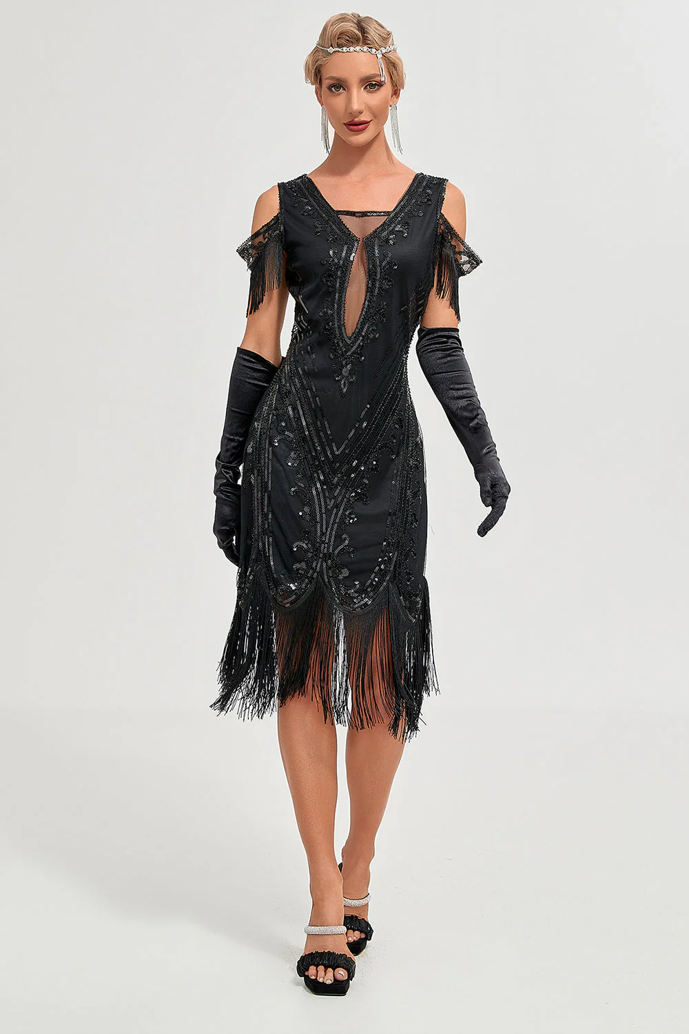 Robe Gatsby noire des années 1920 à paillettes franges épaules dénudées - Image 4