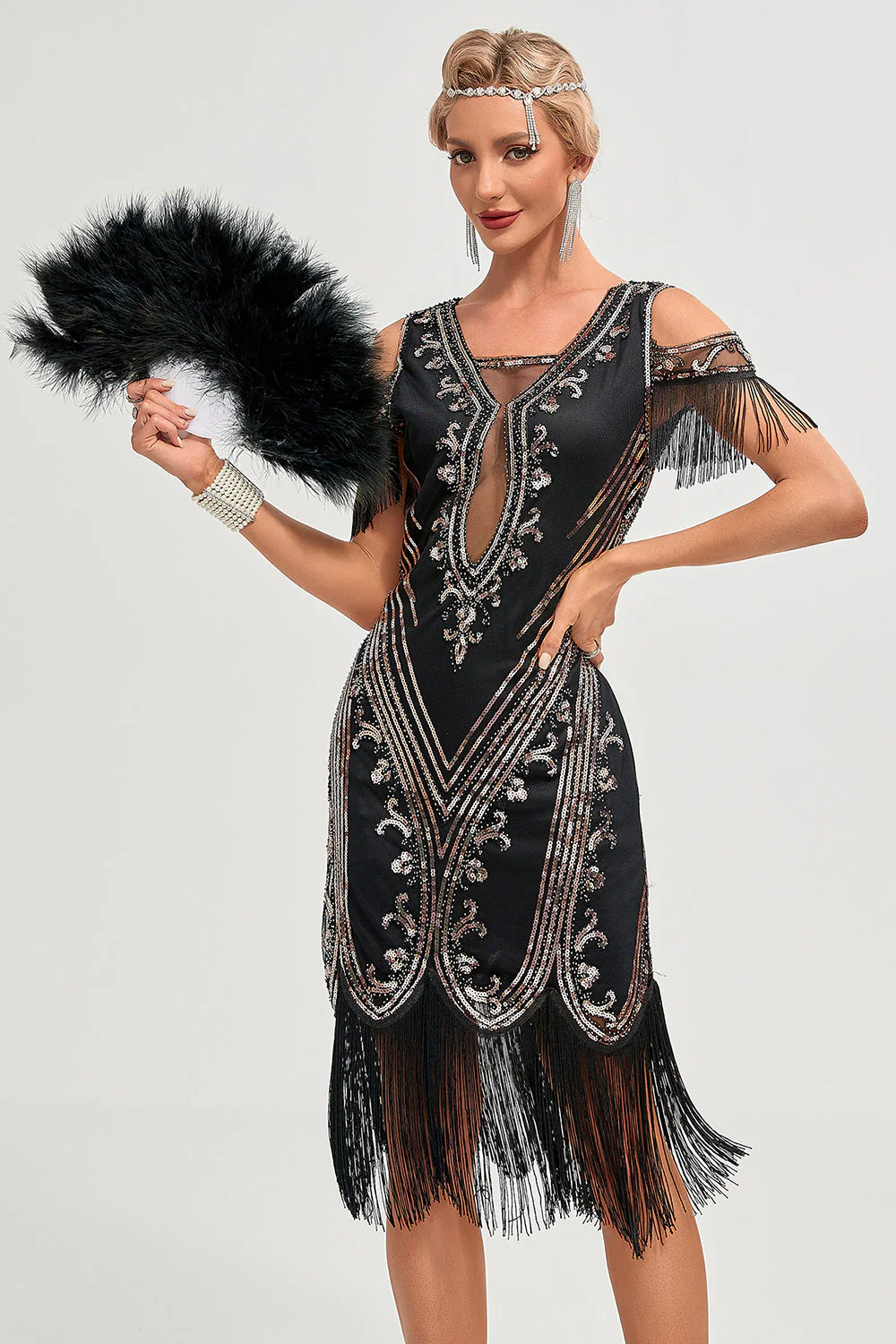 Robe Gatsby noire des années 1920 à paillettes franges épaules dénudées - Image 5