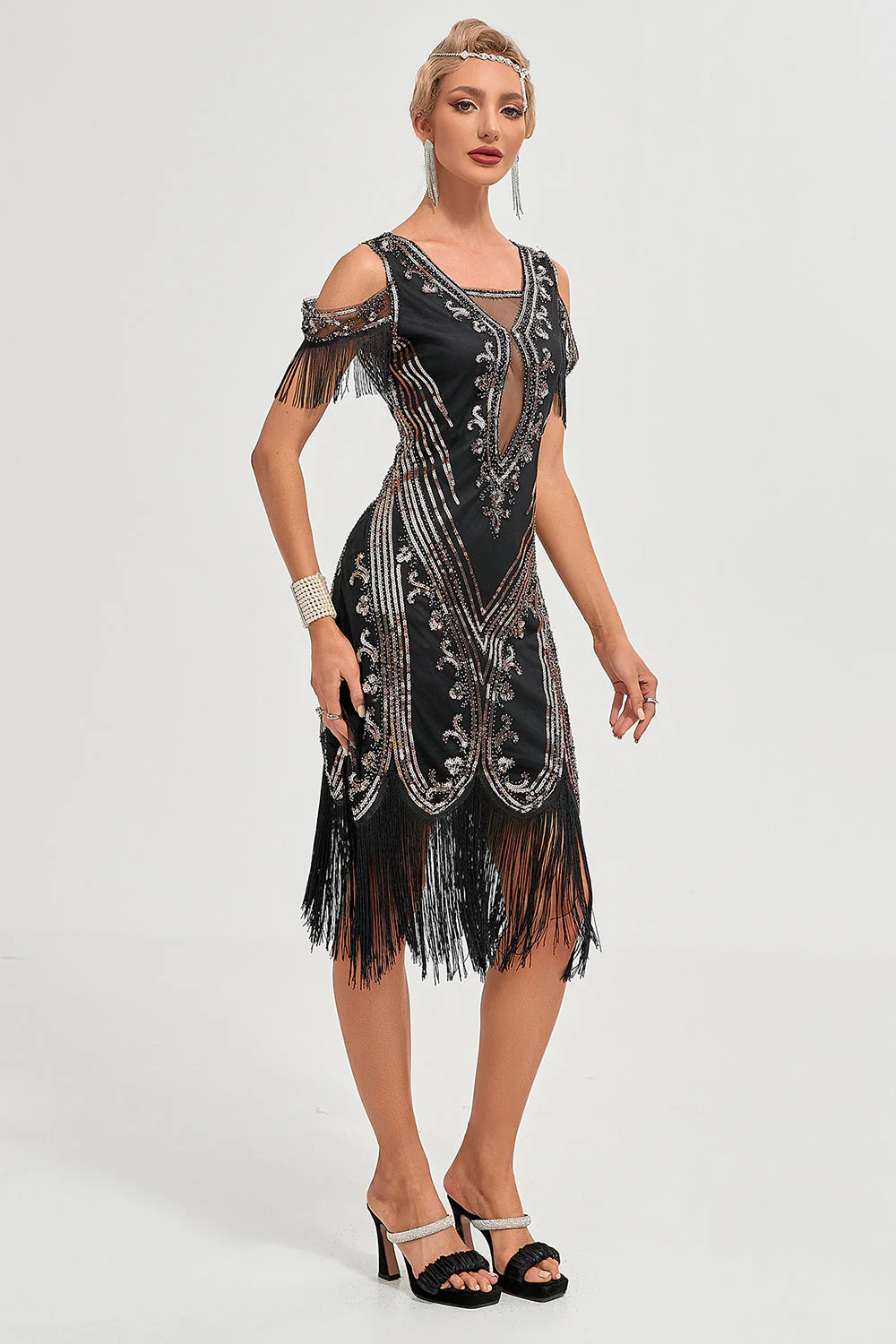 Robe Gatsby noire des années 1920 à paillettes franges épaules dénudées - Image 7