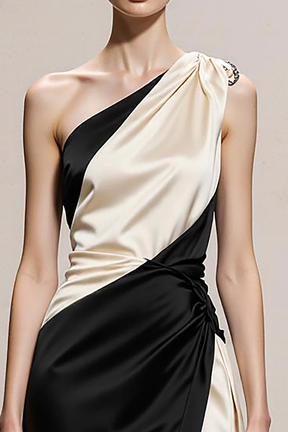Noir et blanc A-ligne A-Shoulder Satin Robe de soirée longue - Image 6