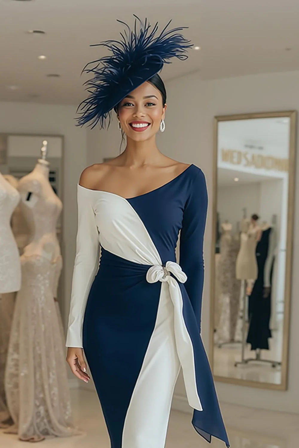 Noir et blanc à manches longues Crayon Midi Mère De La Mariée Robe Avec Ceinture - Image 4
