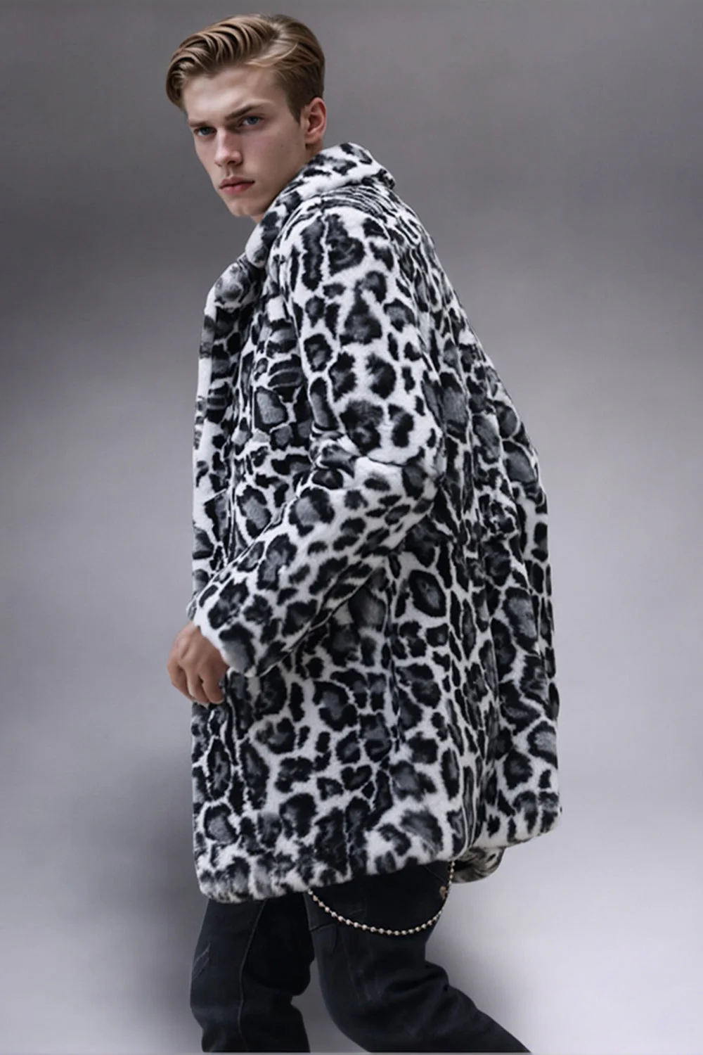 Noir et blanc Châle Revers Fausse Fourrure Léopard Manteau Homme - Image 2