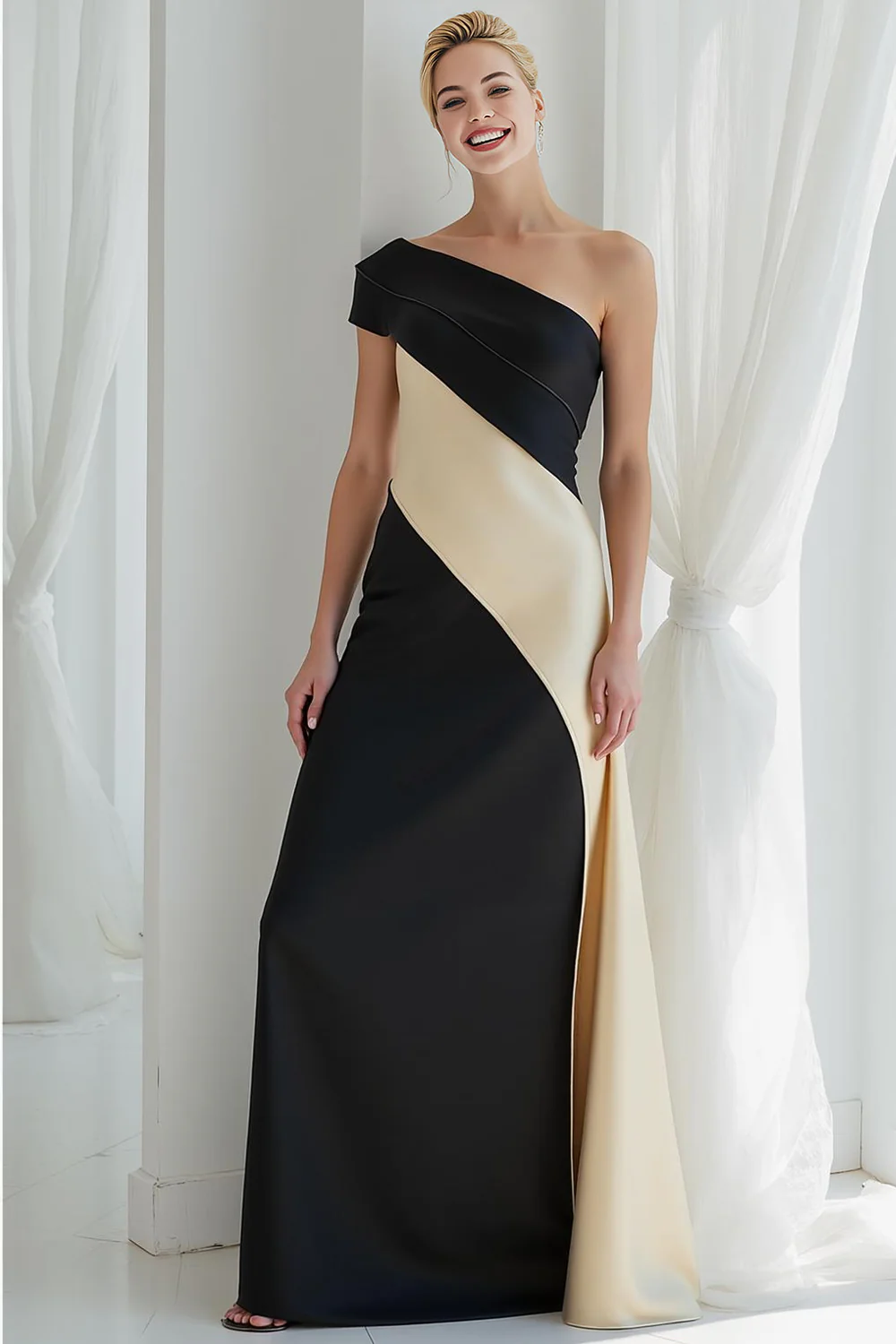 Noir et blanc Robe de soirée à fourreau en satin à une épaule