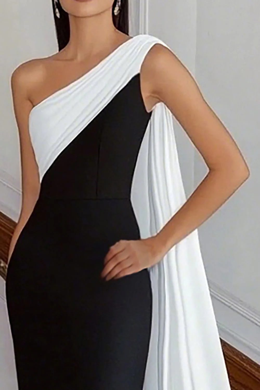 Noir et blanc une épaule fourreau longue robe formelle avec banderole - Image 6