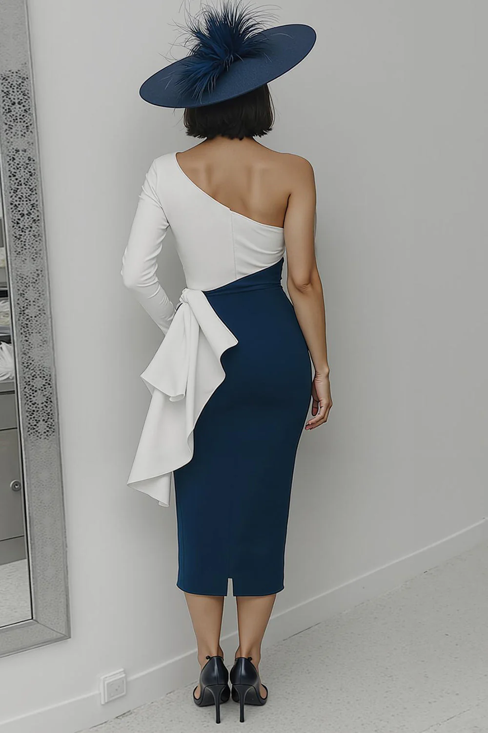 Noir et blanc Une Épaule Moulante Longue Mère De La Mariée Robe Avec Ceinture - Image 6