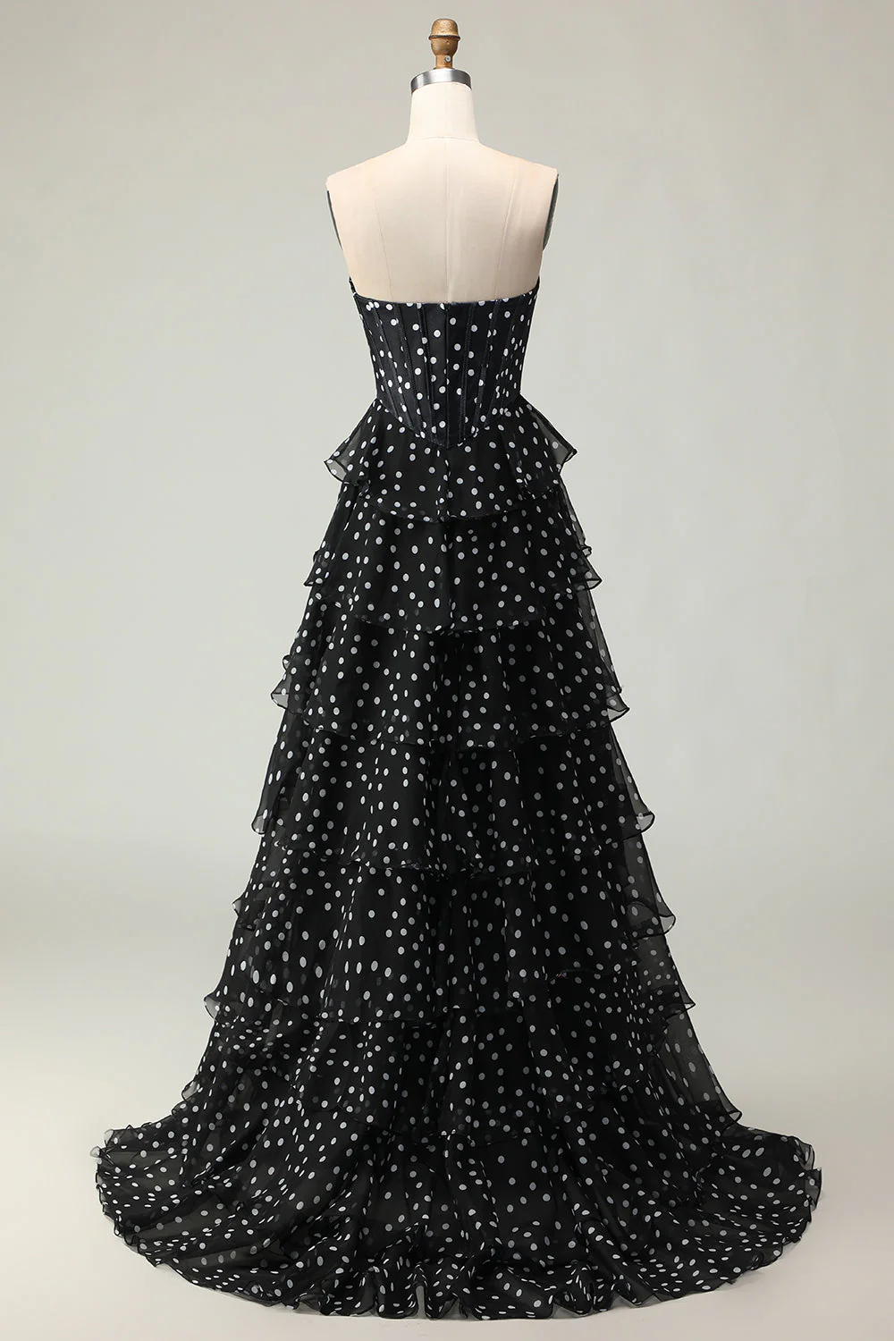 Noir et blanc Une ligne sans bretelles Corset Robe de bal à pois longs avec volants - Image 2