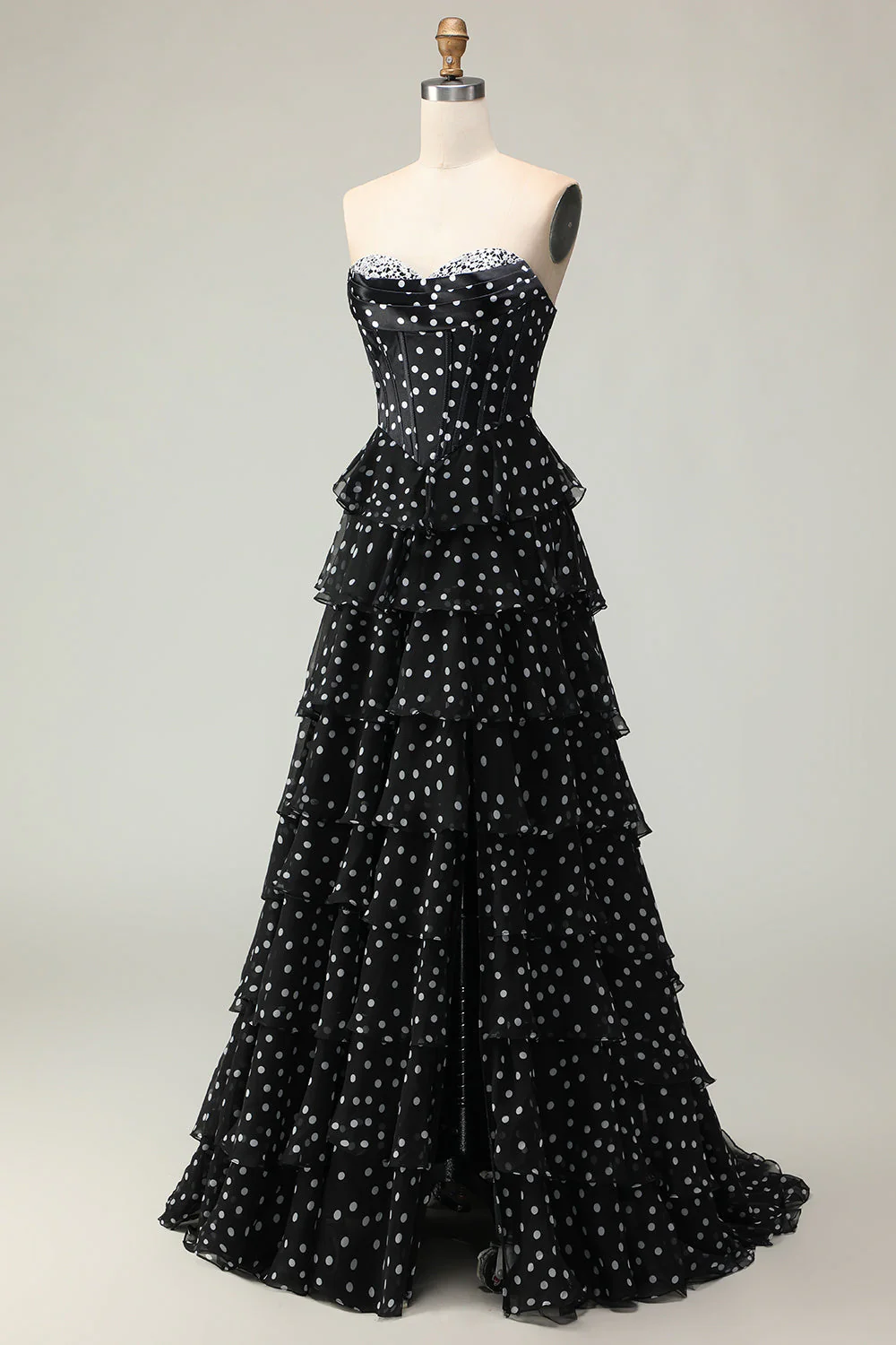 Noir et blanc Une ligne sans bretelles Corset Robe de bal à pois longs avec volants - Image 3