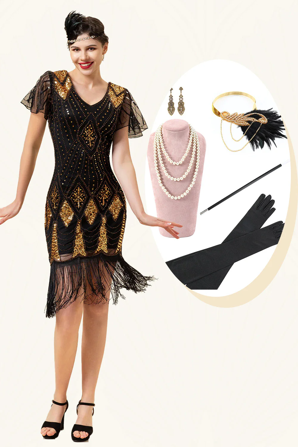 Noir et Paillettes dorées Franges Robe Gatsby des années 20 avec 20s Accessoires Set