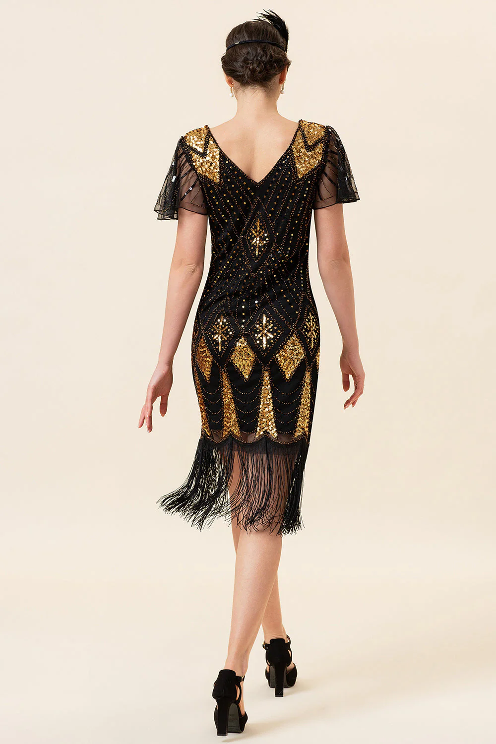 Noir et Paillettes dorées Franges Robe Gatsby des années 20 avec 20s Accessoires Set - Image 3