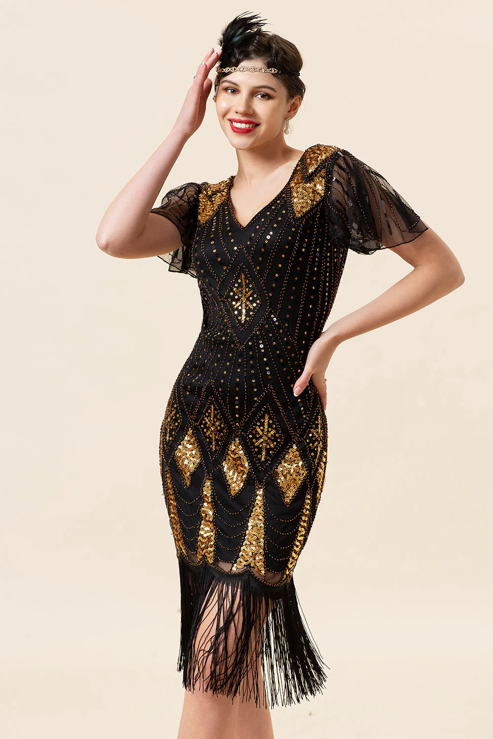 Noir et Paillettes dorées Franges Robe Gatsby des années 20 avec 20s Accessoires Set - Image 5