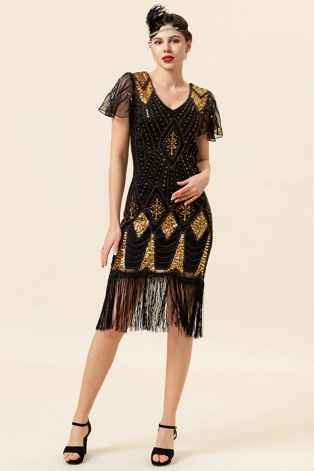 Noir et Paillettes dorées Franges Robe Gatsby des années 20 avec 20s Accessoires Set - Image 6