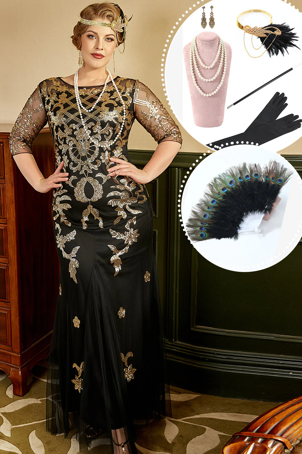 Noir et Or Plus Taille 1920s Gatsby Robe avec 20s Acessories Set
